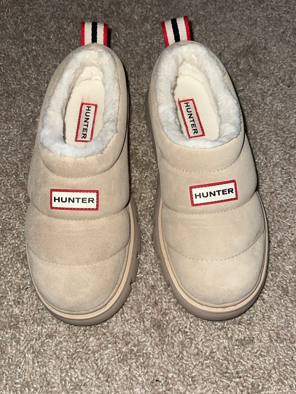 Hunter Women’s Cream Shearling-Lined Suede Slip-On Boots